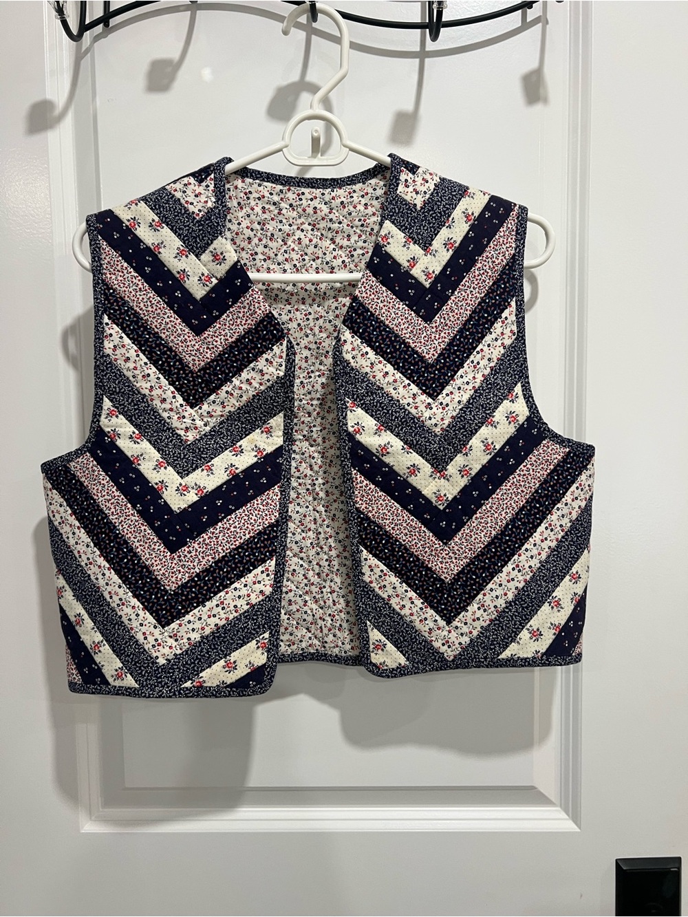 Quilted Chevron Patchwork Vest - Navy & Cream Floral